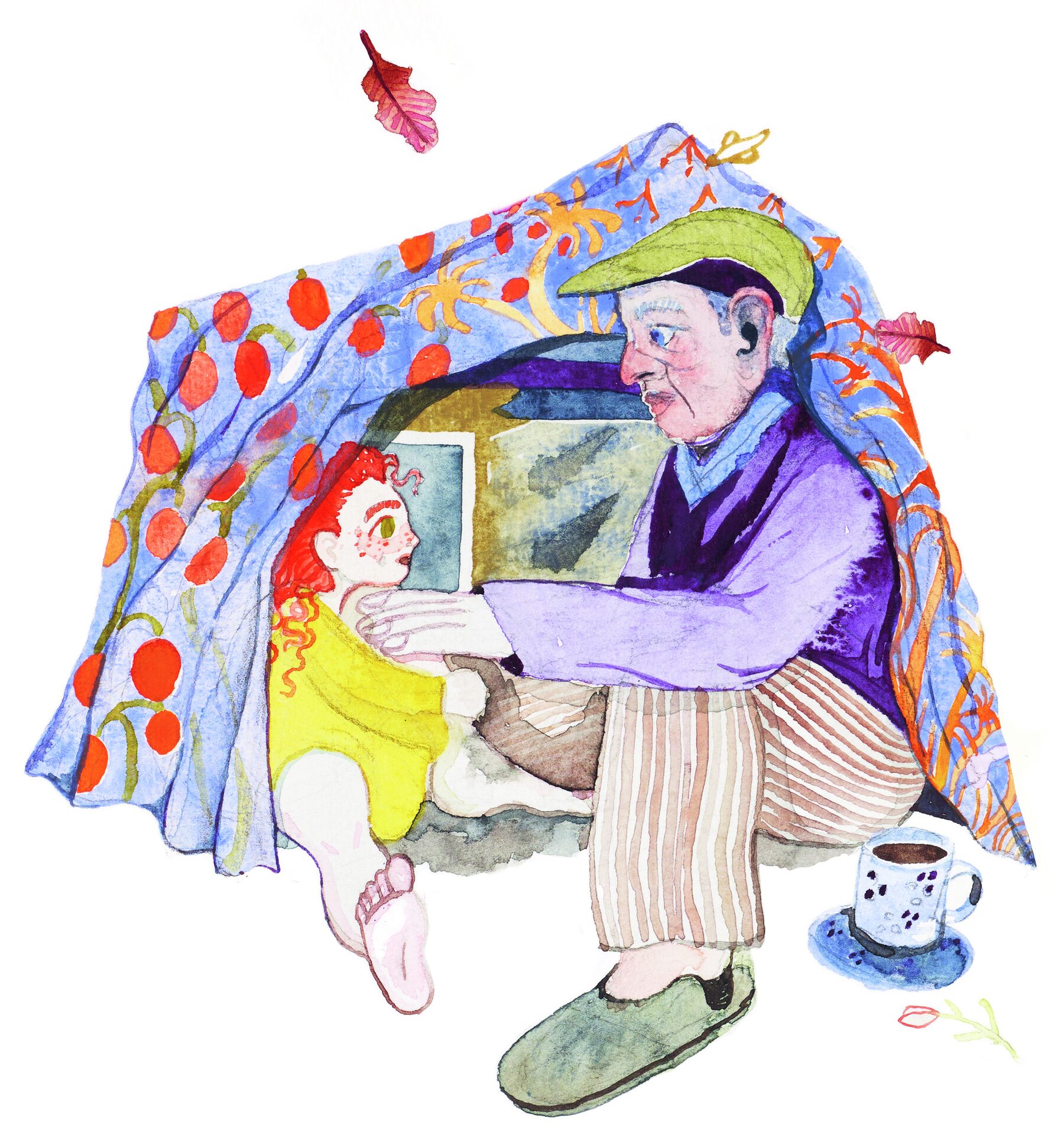 Illustration fra »Månegade»: en farfar og hans barnebarn sidder sammen under et mønstret tæppe.